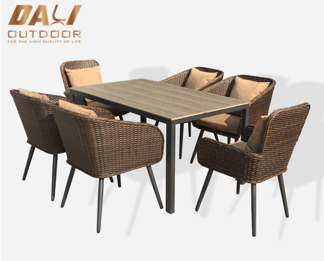 High End 7 STKS Patio Outdoor Tafel En Stoelen Set Tuin Rotan Meubels Voor Eetkamer